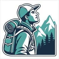 A man with a backpack and hat looking up at the mountains vector