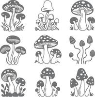 Nine Gray Scale Mushroom Silhouette Illustrations Featuring Various Types and Clusters Set Against White Background Simple Hand Drawn Style vector