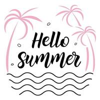 Hello summer lettering with palm trees and waves illustration vector