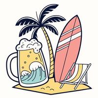 Beach chair, surfboard and beer mug on the beach vector