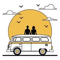 Couple on top of van with sun in background vector