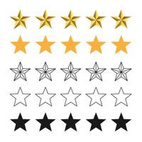 Five stars customer product review icon set, featuring yellow 5 star rating flat icons for apps and websites. Represents quality, customer rating vector