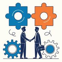 Two businessmen shaking hands with gears and puzzle pieces vector