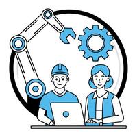 Two people working on a laptop with a robot vector