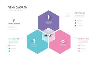 Venn diagram infographic chart template for business 3 steps presentation with Glassmorphism Button and icon elements illustration. vector