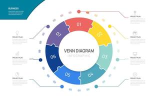 Venn diagram infographic circle jigsaw arrow chart template for business start up presentation with venn diagram elements illustration. vector