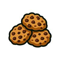 Three Delicious Chocolate Chip Cookies with Dark Green Outlines on White Background vector