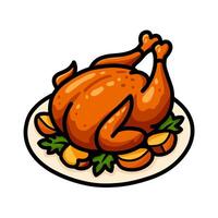 Cartoon Roasted Chicken with Potatoes and Greens on a Plate, Isolated on White Background vector