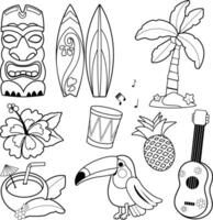 Hawaiian beach summer collection. Island vacations set. Luau party with music and drinks, fun surfing objects. Black and white coloring page vector