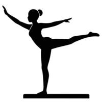 Silhouette of a woman performing a graceful balancing yoga pose on a minimalist platform. vector
