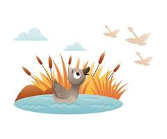 Lonely duckling swimming in the pond in autumn. Ugly duckling fairy tale cartoon illustration vector