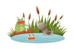 Lonely crying duckling swimming in the pond. Ugly duckling fairy tale cartoon illustration vector