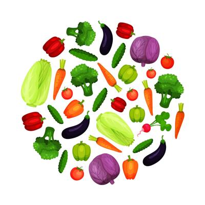 Fresh organic vegetables in shape of circle. Healthy farm products banner, poster, card, template design illustration