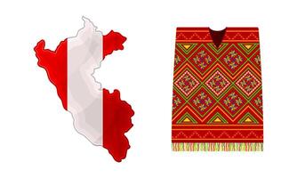 Peru country related symbols set. Map with national flag and poncho with traditional peruvian pattern cartoon illustration vector