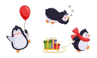 Cute penguin characters set. Adorable penguins playing with red balloon, pulling sledge with gift boxes cartoon illustration vector