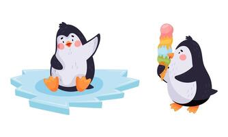 Cute penguin characters set. Adorable penguins sitting on ice and eating ice cream cartoon illustration vector