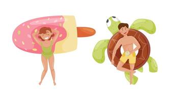 People floating on air mattresses in swimming pool set. Top view of girl and guy relaxing and sunbathing on inflatable turtle and ice cream cartoon illustration vector