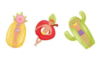 People floating on air mattresses in swimming pool set. Top view of relaxed people sunbathing on inflatable pineapple, apple and cactus cartoon illustration vector