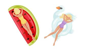 People floating on air mattresses in swimming pool set. Top view of girls relaxing and sunbathing on inflatable swan and watermelon cartoon illustration vector
