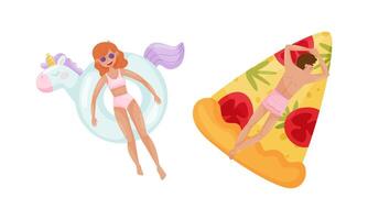 People floating on air mattresses in swimming pool set. Top view of woman and man relaxing and sunbathing on inflatable pizza and unicorn cartoon illustration vector