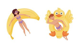 People floating on air mattresses in swimming pool set. Top view of woman and man relaxing and sunbathing on inflatable banana and chicken cartoon illustration vector