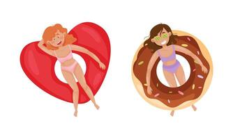 People floating on air mattresses in swimming pool set. Top view of women relaxing and sunbathing on inflatable heart and donut cartoon illustration vector