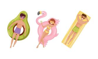 People floating on air mattresses in swimming pool set. Top view of relaxed people sunbathing on inflatable avocado and flamingo cartoon illustration vector