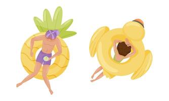 People floating on air mattresses in swimming pool set. Top view of relaxed woman and man sunbathing on inflatable rings cartoon illustration vector