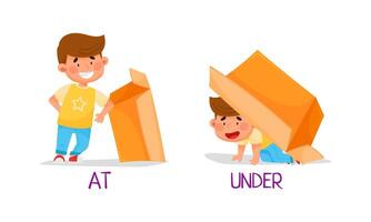 Preposition of place with boy standing at and under the box cartoon illustration vector