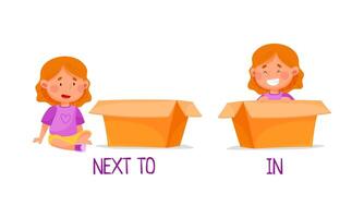 Preposition of place with girl standing next to and in the box cartoon illustration vector