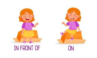 Preposition of place with girl standing in front of and on the box cartoon illustration vector