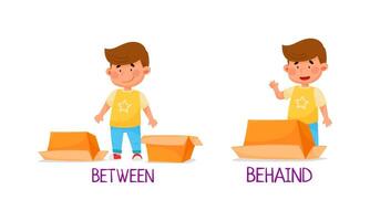 Preposition of place with boy standing between and behind the box cartoon illustration vector