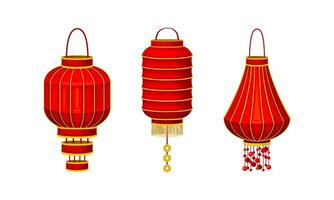 Red Chinese paper lanterns set. Traditional New Year decor element illustration vector