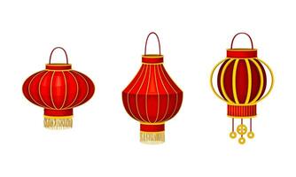 Chinese hanging paper lanterns of circular and cylindrical shape set. Traditional Asian New Year decor element illustration vector