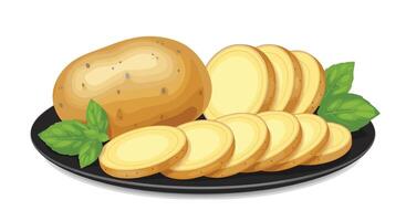 Golden Potatoes Sliced and Served Fresh on the Dark Round Plate with Basil vector