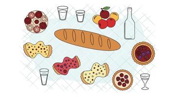 A delightful arrangement of pastries fruits and breads showcased on a picnic backdrop vector
