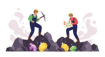 Two Miners With Pickaxe and Map Searching for Gemstones on the Rocks vector