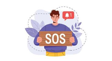 Man With SOS Board Seeks Help Social Media Challenges And Digital Fatigue vector