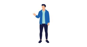 Man in Blue Jacket and Dark Pants Stands and Presents Something with Hand Gesture vector