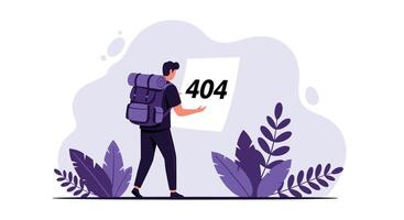 An Illustration Showing a Person with Backpack Holding a 404 Error Page vector