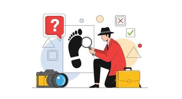 Investigating Footprints with a Detective Illustration Solving Crimes Through Forensic Analysis vector