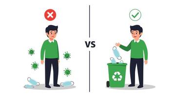 How to dispose a surgical mask and protect against Coronavirus germs and bacteria vector