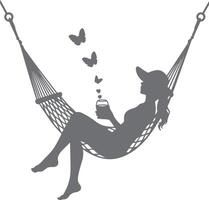 Gray Silhouette Woman Relaxing in Hammock Drinking from Glass Surrounded by Butterflies Peaceful Summer Scene vector