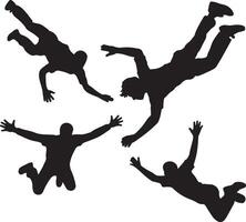 Four Black Silhouettes of People Falling Through the Air Reaching Out to Each Other in a Dramatic Pose Against a White Background vector