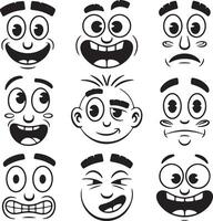 Nine Monochrome Cartoon Faces Displaying Diverse Expressions Silhouette Style Illustrations of Happy Surprised Anxious and Other Emotions vector