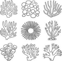 Nine Gray Scale Coral Reef Silhouette Illustrations Diverse Shapes and Styles Hand Drawn Ocean Life Set Underwater Nature Graphic Design Elements vector