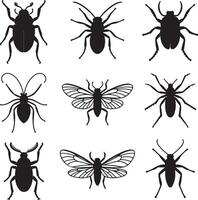 Nine Black Insect Silhouettes Collection Diverse Beetle Bug Graphic Design Elements Set vector