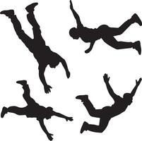 Four Black Silhouettes of People Falling or Skydiving in Various Poses Against a White Background Dynamic Action Poses Silhouette Illustration vector