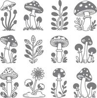 Twelve Gray Scale Mushroom and Floral Illustrations Botanical Line Art Drawings Set Silhouette Fungi Nature Design Elements vector