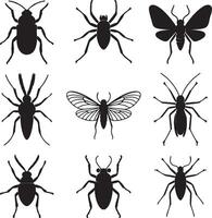 Nine Black Insect Silhouettes Collection Beetle Spider Moth Graphic Design Elements Isolated on White Background Illustration vector